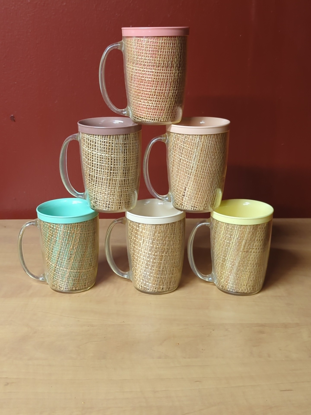 Assorted MCM Rafia WareWoven-Pattern Mugs with Pastel Colors - Set of 6